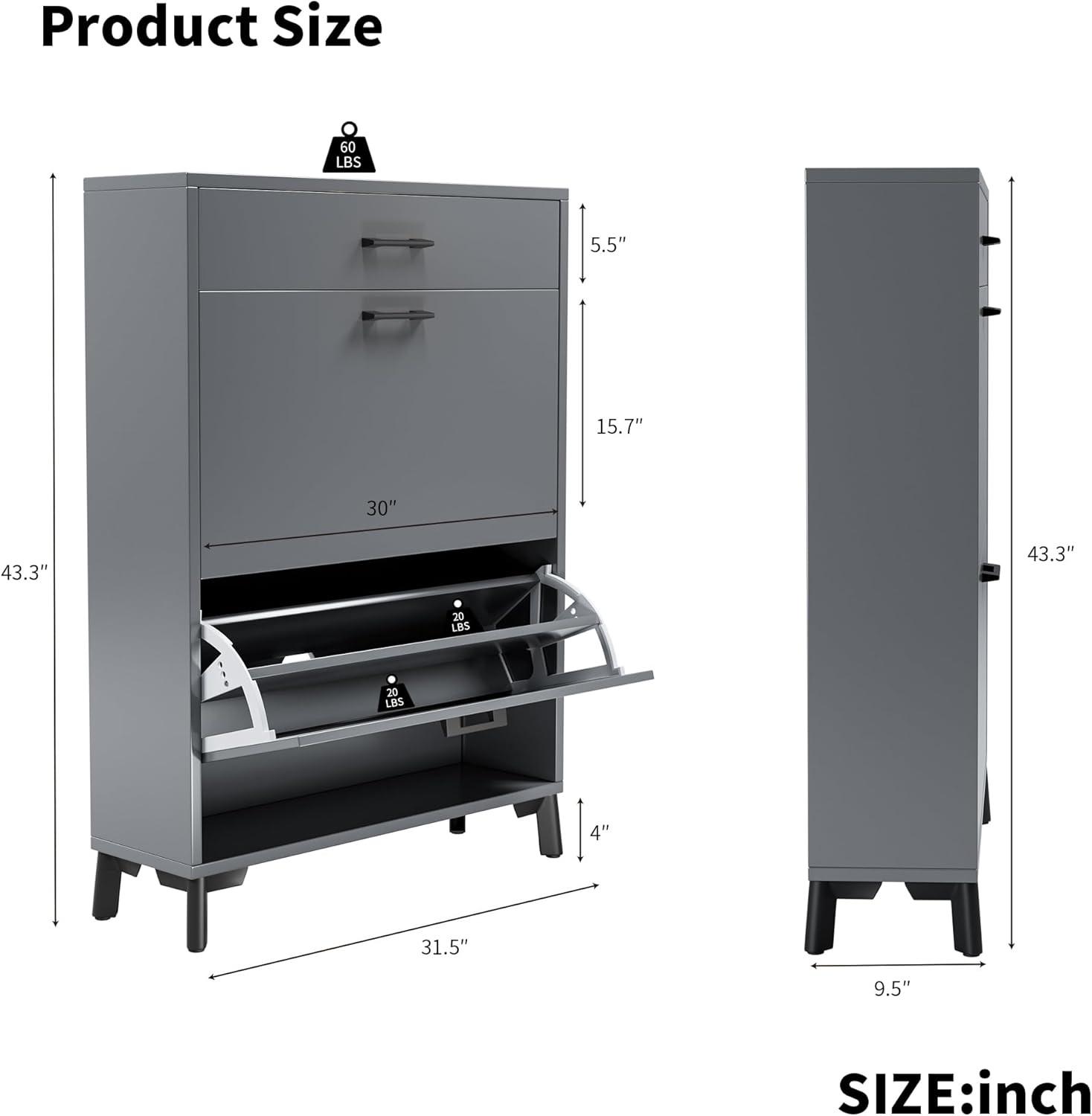 Hidden 2 Flip Entryway, Wood Thin Drawer, Modern Front Entry Rack, Free Standing Organizer for Doorway Hallway (Gray), 32" Slim Shoe Storage Cabinet
