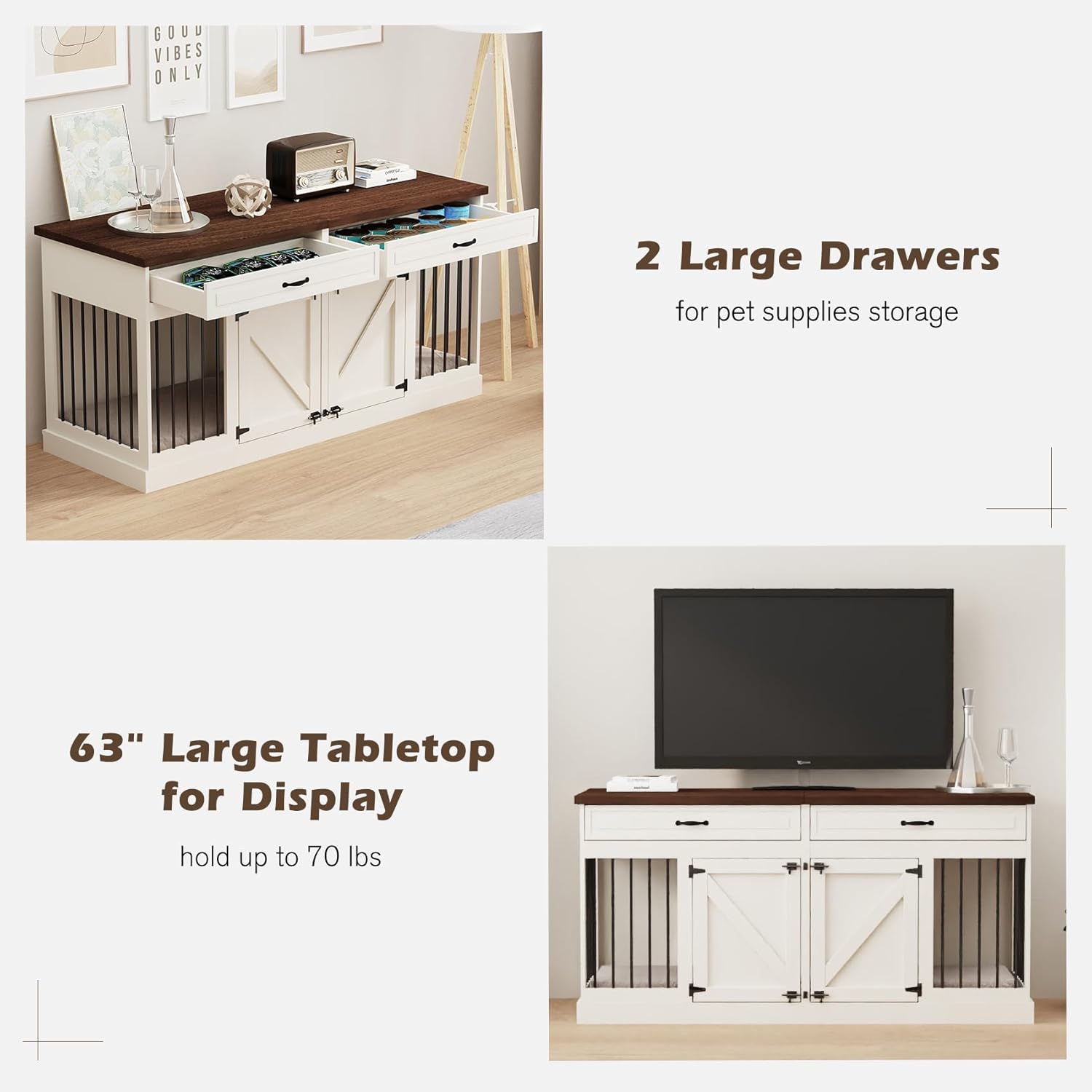 Dog Crate Furniture - Indoor Heavy Duty Wooden Furniture Style Dog Crate with 2 Doors, Room Divider and 2 Drawer - 63" Lx23.6 Wx31.5 H, White