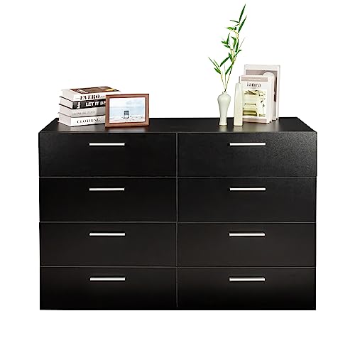 Goujxcy 8 Drawer Double Dresser for Bedroom, Modern Black 8 Drawers Chest Dresser with Metal Handle, Wooden Closet Wide Storage Cabinet for Living Room Bedroom Home Apartment Dorm