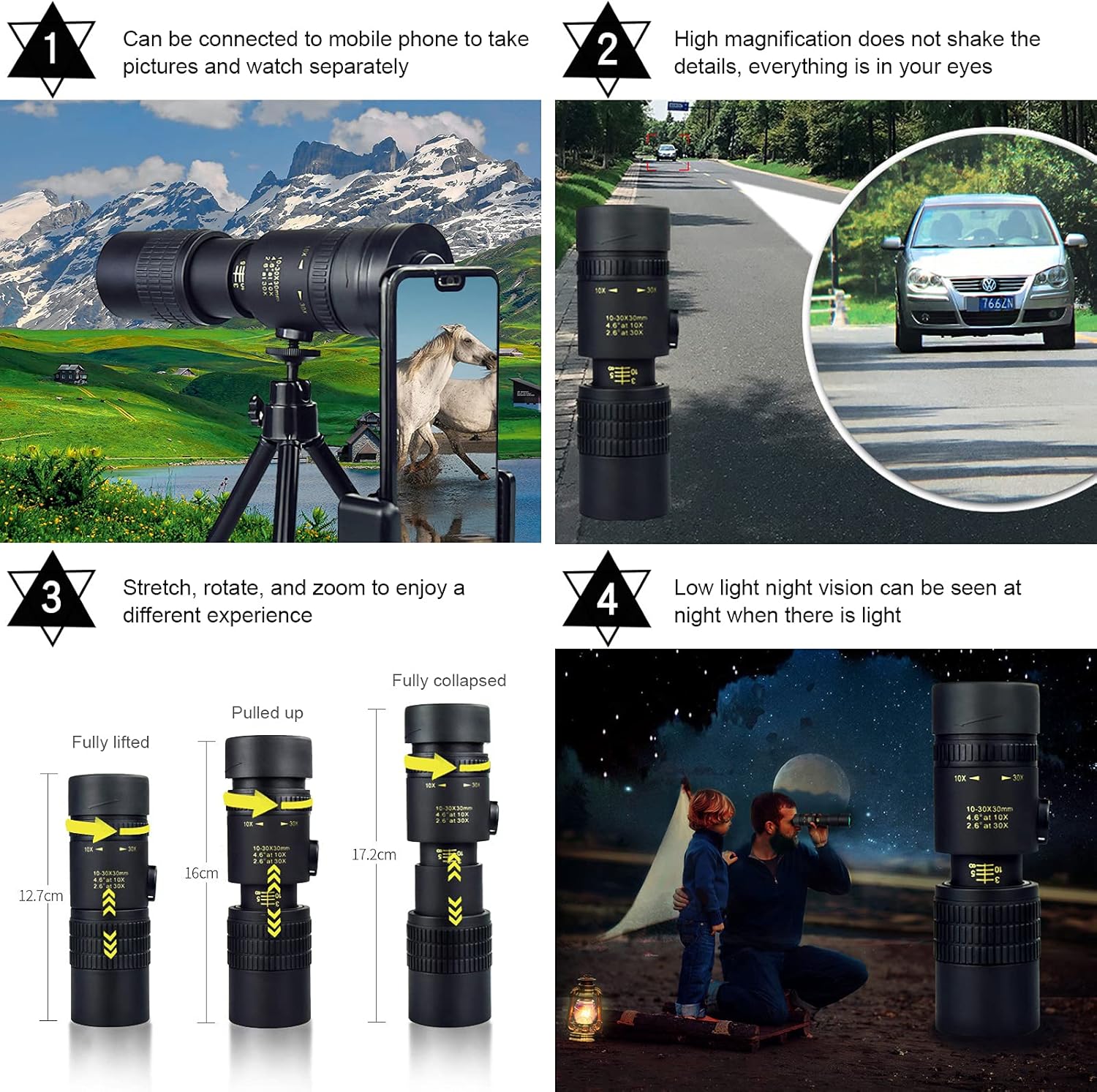 4k 10-300x40mm Super Telephoto Zoom Monocular Telescope with Phone Adapter Tripod Fit Adults for Hiking Hunting Camping Bird Watching Best Gifts for Men