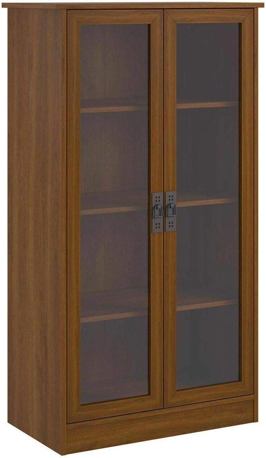 Cherry Finish Wooden Glass Door Bookcase Bookshelf Media Cabinet Display Storage 2 Adjustable Shelves Material: Glass, MDF, MDF/Chipboard Dimensions: 29.56 W x 15.63 W x 53.25 H inches