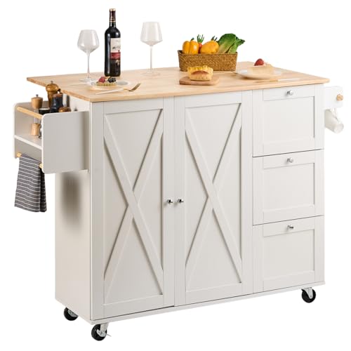 VEVOR Kitchen Island Cart with Solid Wood Top, 35.4" Width Mobile Carts with Storage Cabinet, Rolling Kitchen Table with Spice Rack, Towel Rack, and Drawer, Portable Islands on Wheels, White