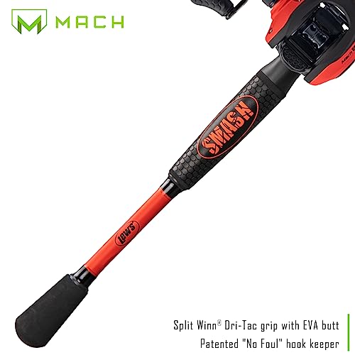 Lew's MACH Smash Baitcast Reel and Fishing Rod Combo, IM6 Graphite Blank Fishing Rod, Split Grip Winn Dri-Tac Handle, Fluorescent Red