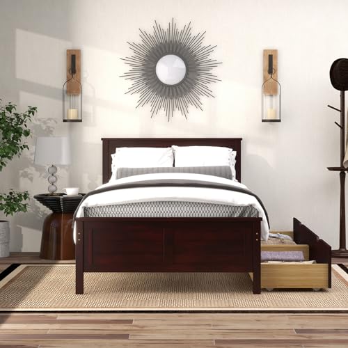 GOFLAME Twin Size Bed Frame with 2 Drawers, Platform Bed with Solid Wood Headboard & Footboard, Wood Slats Support Mattress Foundation, Under Bed Storage, No Box Spring Needed, Easy Assembly, White