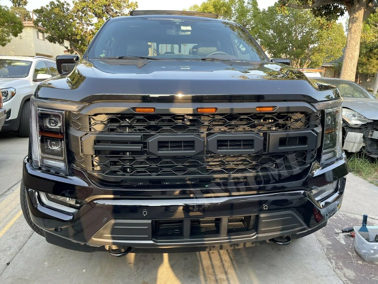 ANGUMI Front Grille Compatible with F150 2021 2022, Raptor Style Grille with Letters & LEDs Matte Black,Available for Trucks with Front Camera(US Stock)