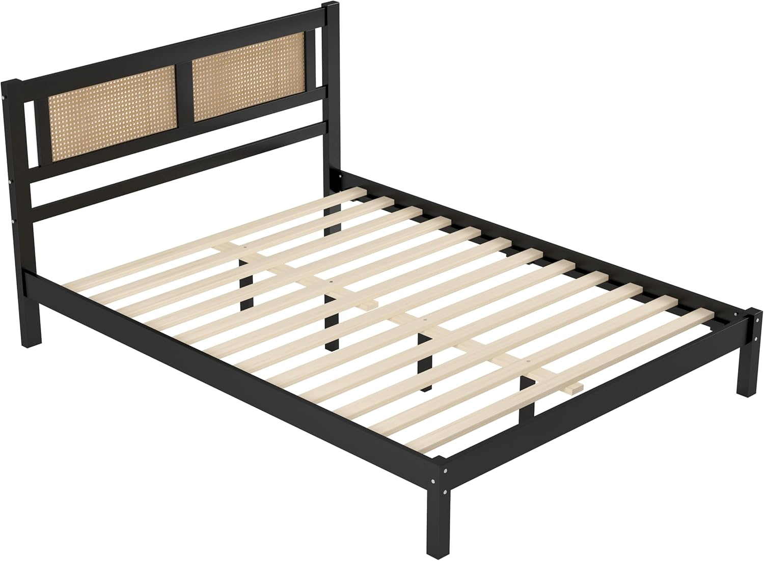 Queen Size Wooden Platform Bed with Natural Rattan Headboard, Exquisite Elegance with Minimalist Charm for Bedroom, Black