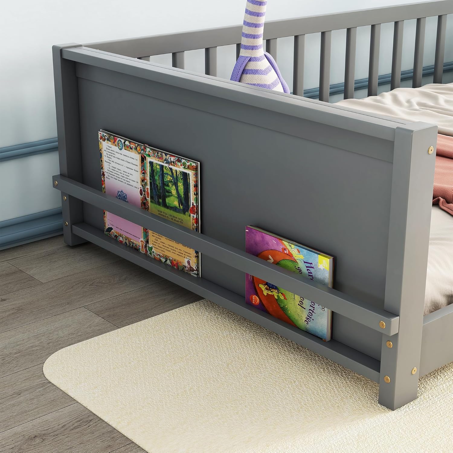 Montessori Floor Bed with Safety Guardrails and Slats, Twin Size Solid Pine Wood Floor Bed Frame, for Girls, Boys, Child Bedroom, Kids Playroom (Grey)