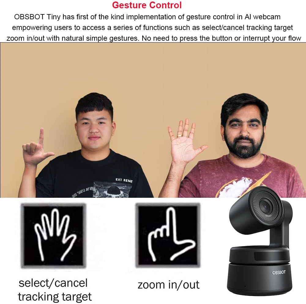 OBSBOT Tiny PTZ Webcam with Microphone,AI-Powered Framing & Gesture Control 1080P USB Streaming Web Camera for Laptop MAC Desktop PC