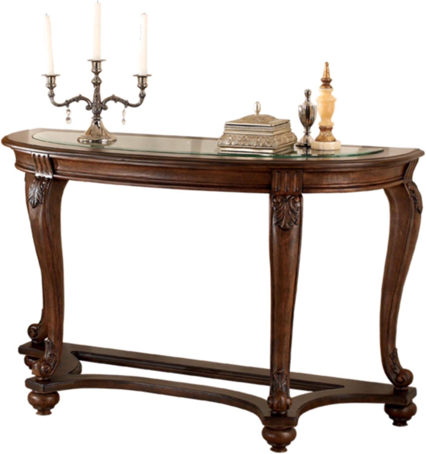 Signature Design by Ashley Norcastle Traditional Half Moon Sofa Table with Beveled Glass Top and Scrollwork Legs, Dark Brown
