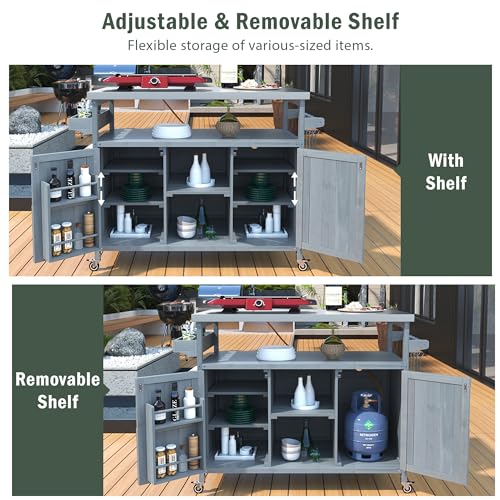 Outdoor Kitchen Island,Rolling Bar Cart & Storage Cabinet,Solid Wood Grill Table with Stainless Steel Top and Internal Storage Racks,for Patio Kitchen & Barbecue (Natural@Grill Table)