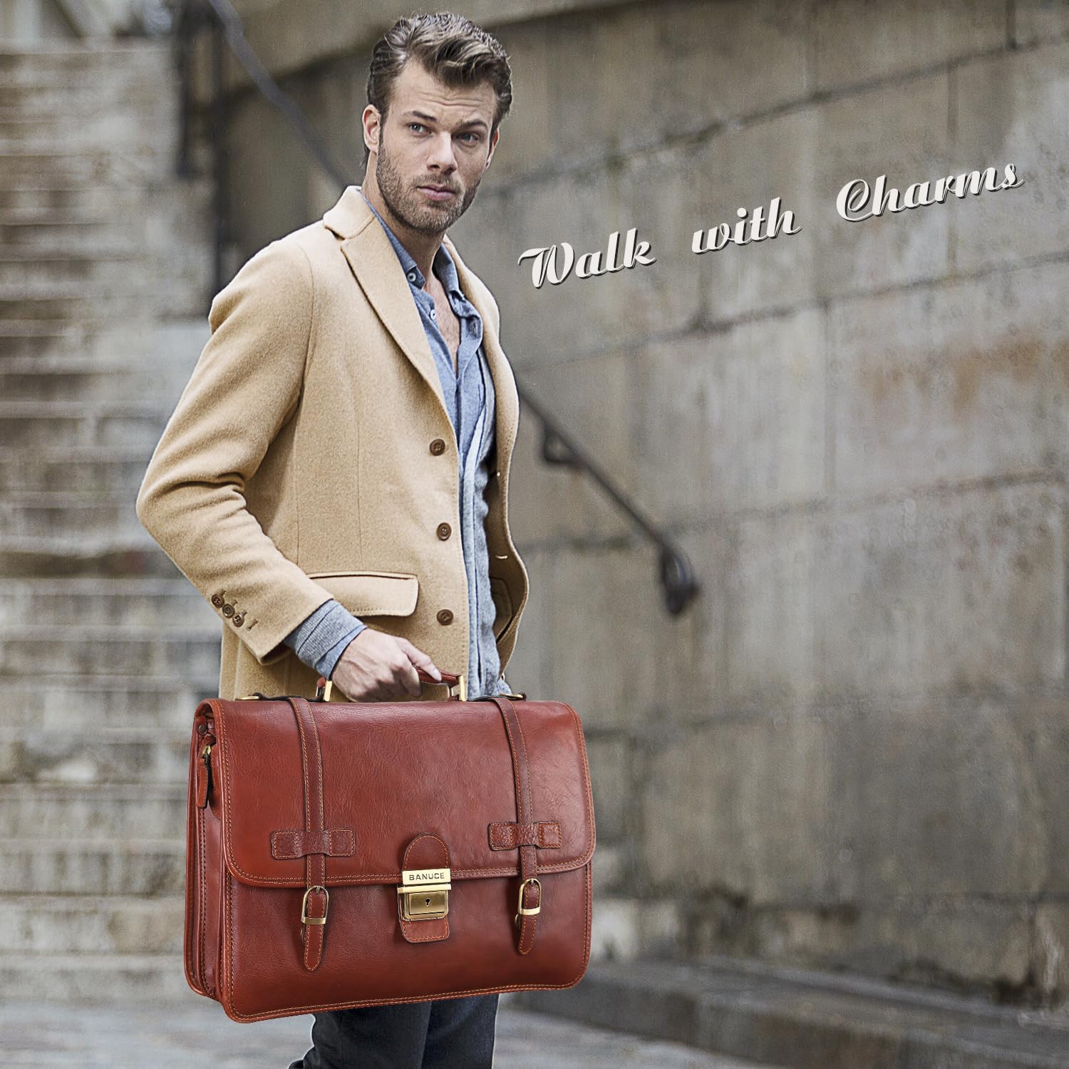 Banuce Vintage Genuine Full Grain Italian Leather Briefcase for Men with Lock 14 Inch Laptop Bag Professional Business Work Bag Attache Case with Luggage Strap Brown