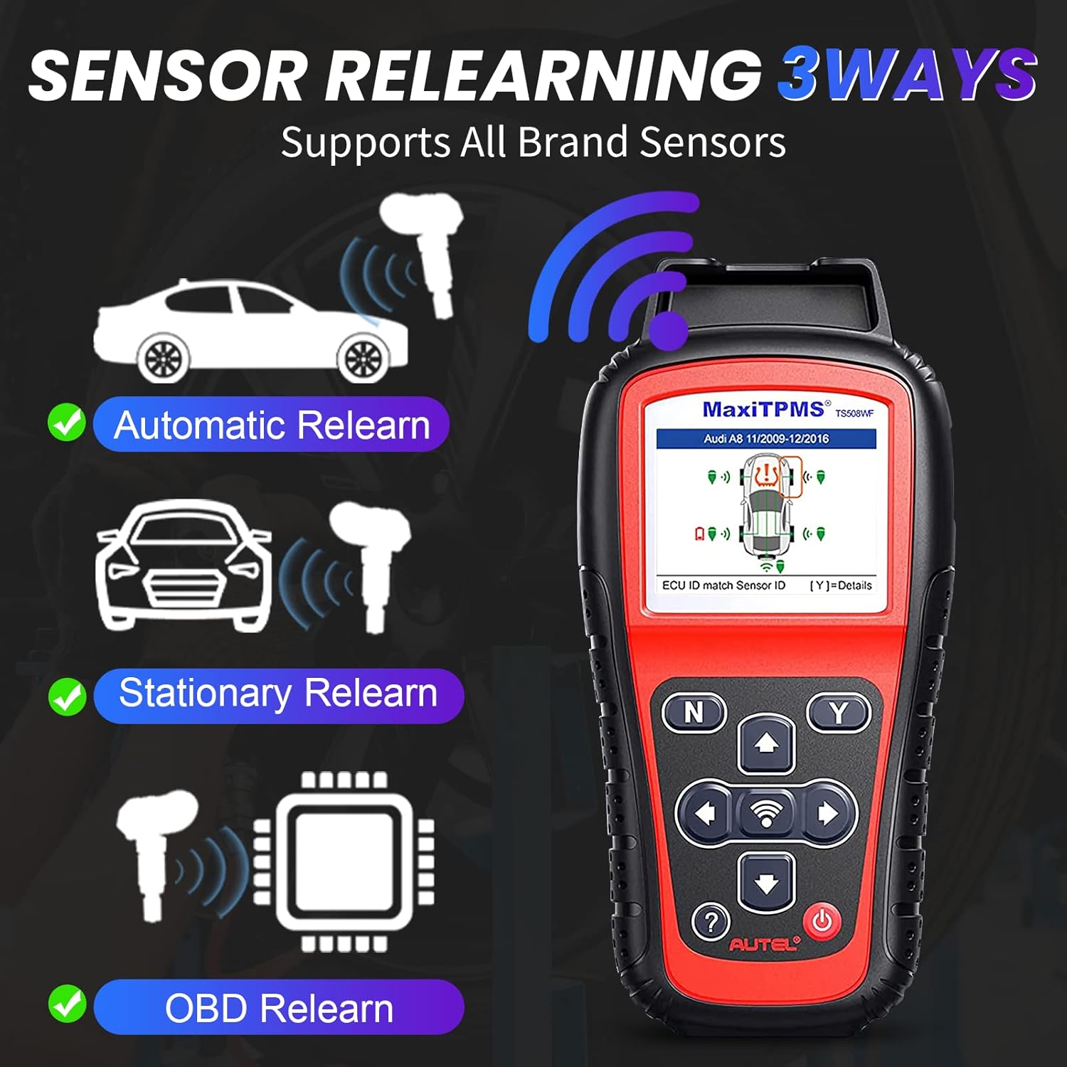 Autel MaxiTPMS TS508WF Kit TPMS Tool, 2024 Newest TPMS Relearn Tool with 4PCS 315+433MHz Sensors, Updated of Autel TS408/TS508, Top TPMS Scanner for TPMS Reset/Activation/Program, Program MX-Sensors