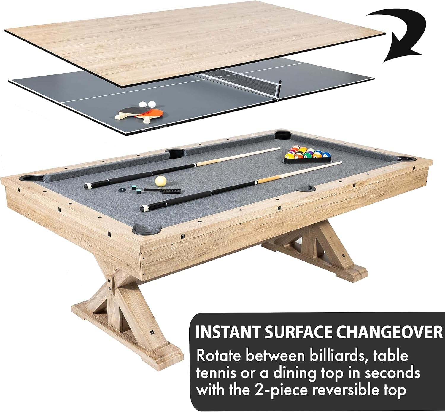 7 FT 3 in 1 Multi Game Pool Table with Dining Top Pool Table Ping Pong Table Combo with Dual Storage Bench Seating, Rustic Oak