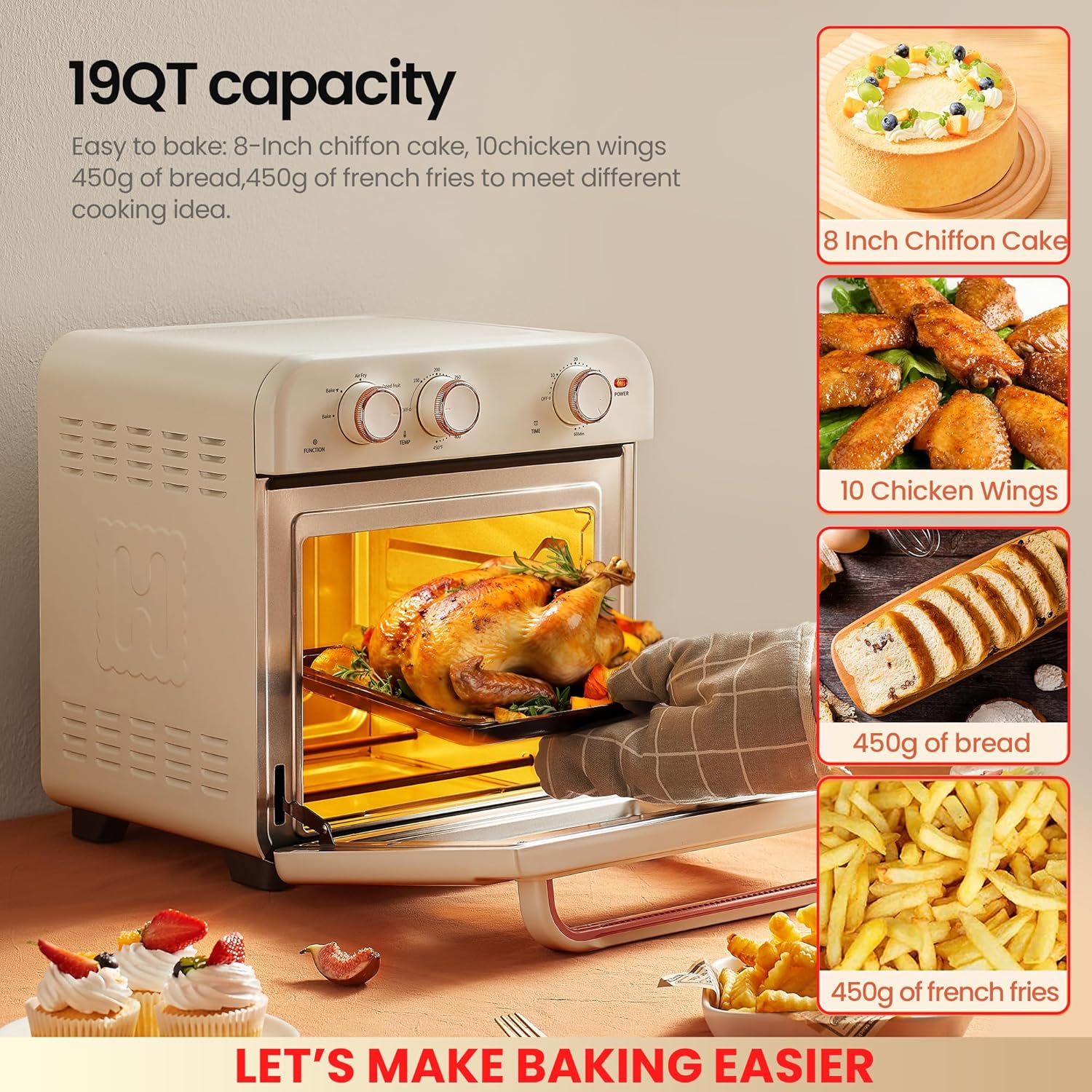Hauswirt 19Qt Retro Style Air Fryer Conventional Oven K3,10-in-1 Combo,Extra Capacity Air Fryer,Baking and Frying Integrated,1250 Watts,150°F - 450°F,Non-Stick, Stainless Steel,Online Recipe Booklet