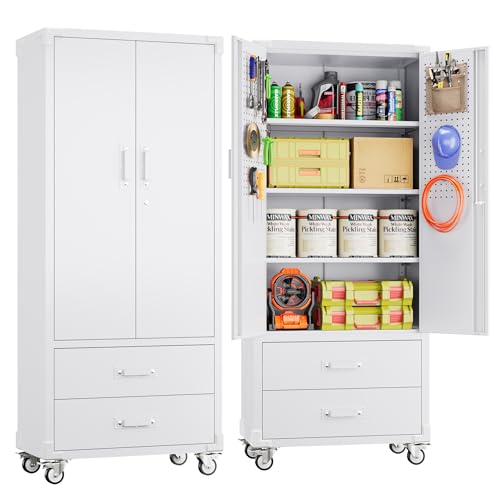 Aobabo 71" H×34" W×18" D Garage Metal Storage Cabinet with Wheels, Locking Steel Storage Cabinet with 5 Shelves and 4 Hooks, for Home Office, School, Assembly Required, Black Silver