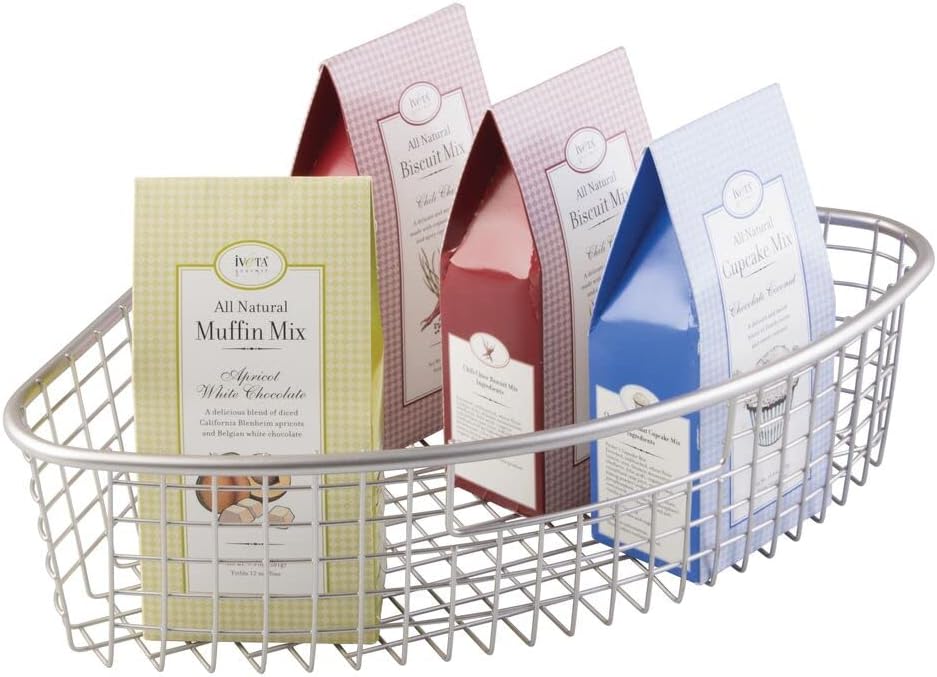 mDesign Farmhouse Metal Kitchen Cabinet Lazy Susan Storage Organizer Basket with Front Handle - Large Pie-Shaped 1/4 Wedge, 4.4" Deep Container - 4 Pack - Satin