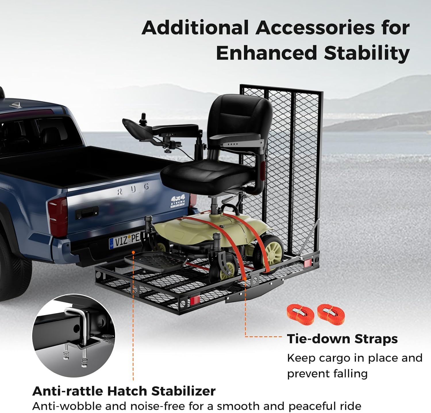 Mobility Scooter Carrier, 500 LBS Capacity Wheelchair Carrier Hitch Mount with Foldable Ramp, Stabilizer & Straps, Heavy-Duty Hitch Carrier for Mobility Scooter, Lawn Mower & Snow Blower