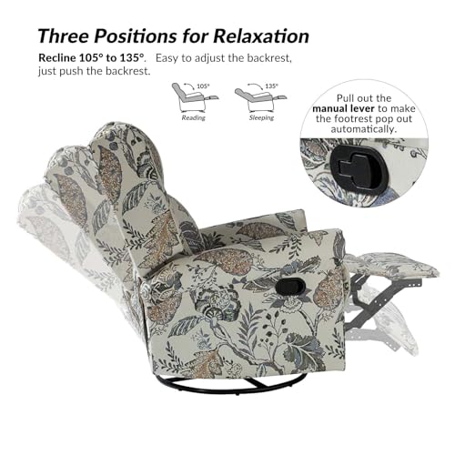 HULALA HOME Printed Fabric Set of 2 Manual Swivel Glider Recliner, Recliner Chair with Adjustable Backrest&Footrest, Wingback Rocker Recliner, Armchair Sofa 360 Degree Swivel for LivingRoom,BLK FLORAL