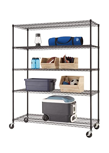 TRINITY BASICS 5-Tier Adjustable Wire Wheels for Kitchen Organization, Garage Storage, Laundry Room, NSF Certified, 600 to 2250 Pound Capacity, 60” by 24” by 77”, 5 shelves 72" tall, Black