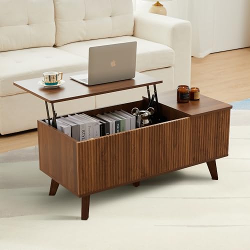 Mid-Century Modern Rectangular Wood Coffee Table with Dual Storage Shelf, Storage Center Coffee Tables with Waveform Panel Sliding Door Dining Table for Living Room Apartment(Walnut)