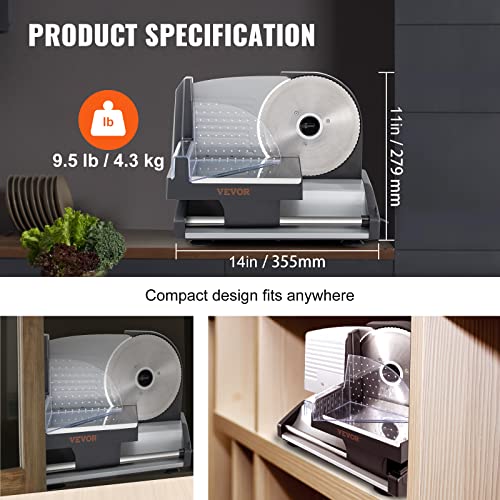 VEVOR Meat Slicer, Electric Deli Food Slicer with SUS420 Stainless Steel Blade and Built-in Sharpening Stone, 0-0.6 inch Adjustable Thickness for Commercial and Home Use, Cut Meat and Cheese