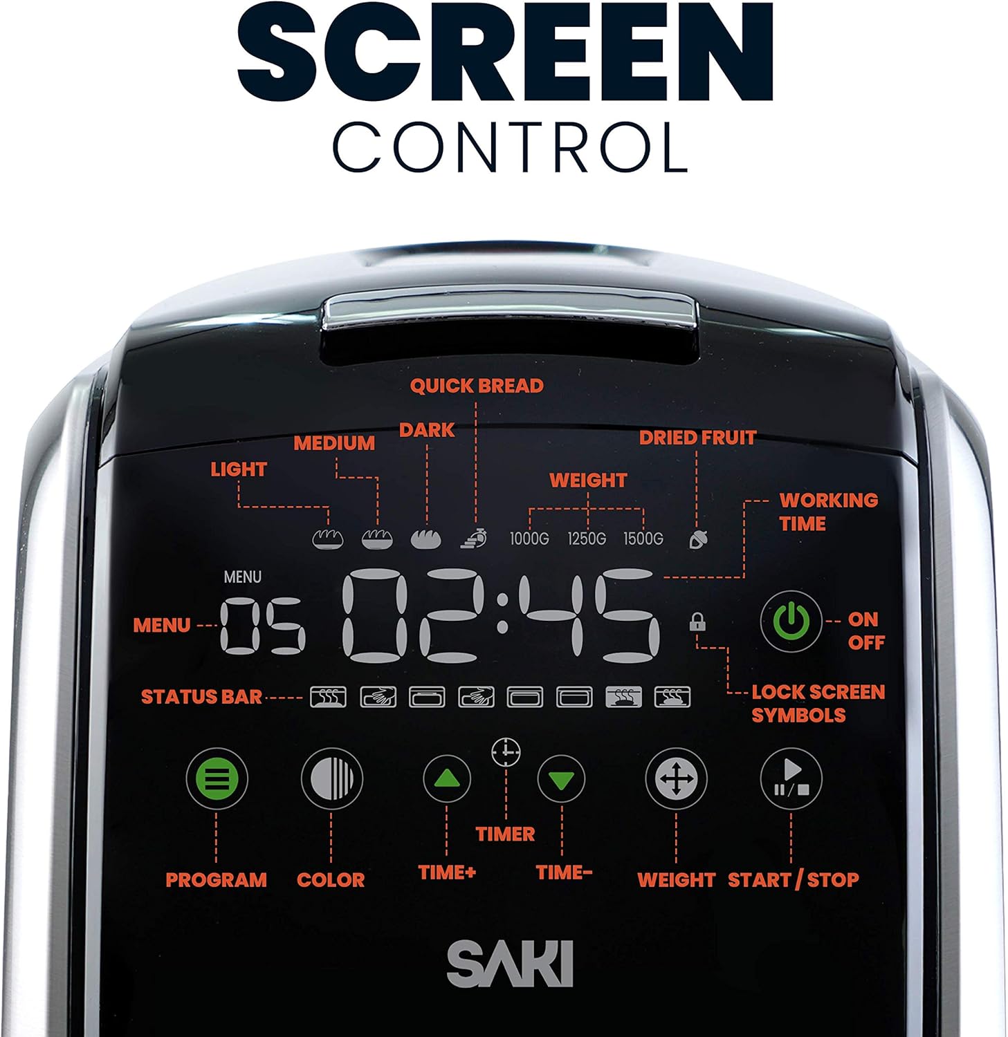SAKI 3 LB Large Bread Maker Machine, 12-in-1 Programmable Large Bread Machine, with Nonstick Ceramic Bread Pan & Large Digital Touch Panel, 3 Loaf Sizes with 3 Crust Colors Options, Keep Warm Mode