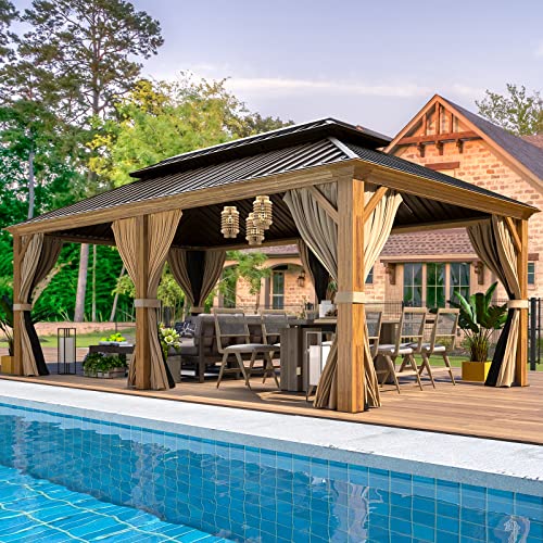 EROMMY 14'x20' Hardtop Gazebo Double Roof Galvanized Steel Canopy Outdoor Aluminum Frame Permanent Metal Pavilion with Netting and Curtains for Patio Backyard Deck and Lawns