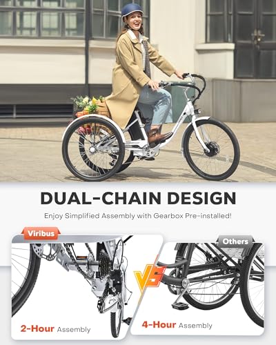 Viribus Electric Tricycle for Adults, 24 & 26 inch Electric Trike 350W(Peak 700W) with 468Wh Removable Battery, 3 Wheel Electric Bikes for Seniors, Motorized Adult Tricycle 7 Speed 330 lb. E Trike