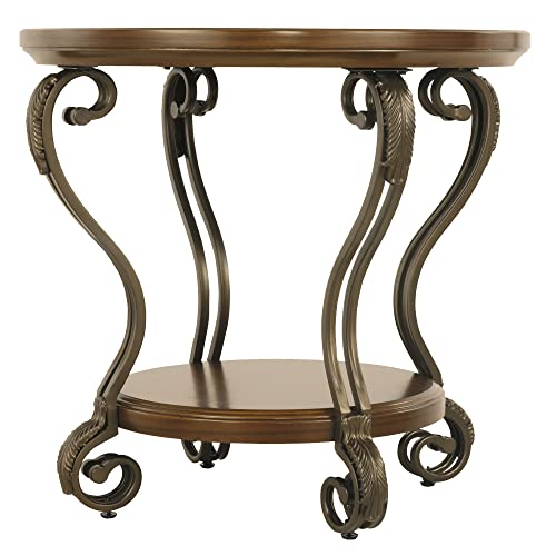 Signature Design by Ashley Nestor Traditional Oval Coffee Table with Beveled Glass Top, Scrollwork Underlay and 1 Fixed Shelf, Dark Brown