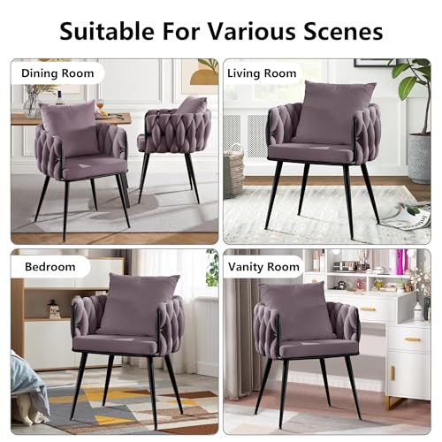 Velvet Dining Chairs Set of 2, Woven Modern Upholstered Kitchen Chairs, Luxury Leisure Desk Chairs with Pillow Metal Legs Makeup Accent Side Chair for Vanity Living Dining Room (Blue, Set of 2)