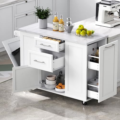 60" Kitchen Island with Drop Leaf and Power Outlet, Rolling Kitchen Cart on Wheels with Trash Can Storage Cabinet, Spice Rack, Towel Rack and Adjustable Shelf for Dining Room