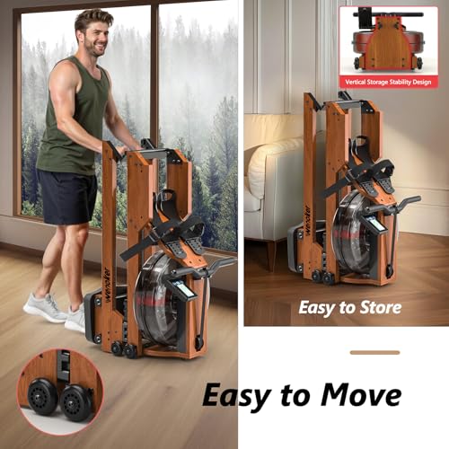 Water Rowing Machine for Home Use, WENOKER Wooden Foldable Rower Machine with Adjustable Monitor & Bluetooth APP, Large Water Tank & Comfortable Seat for Immersive Water Rower, 350LBS Weight Capacity