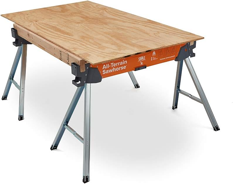 Bora Portamate All-Terrain Sawhorse, Tap to Adapt Swivel Leg for Stability on Uneven Surfaces. Folding Saw Horses for Table Stand, Woodworking, Carpenters, Contractors, PM-4520