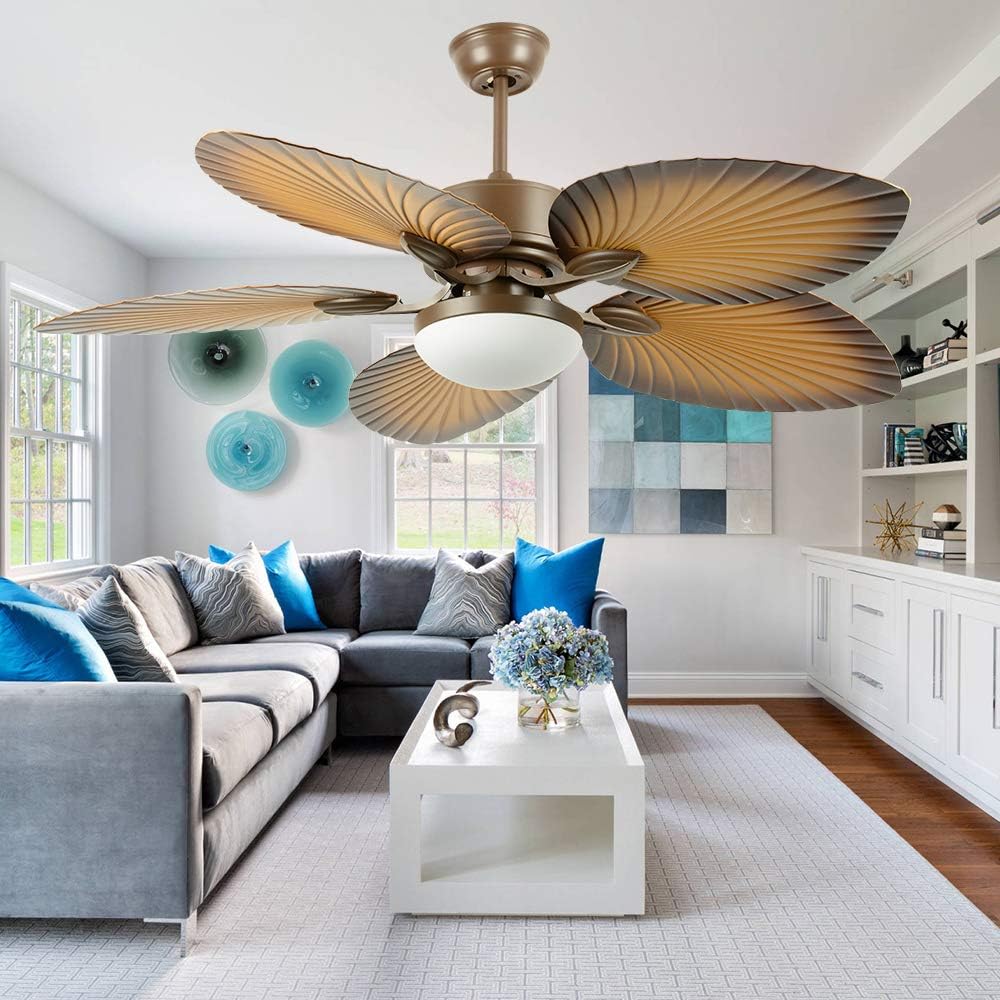 52" Tropical Palm Ceiling Fan with LED Light and Five Palm Leaf Blades - New Bronze Finish