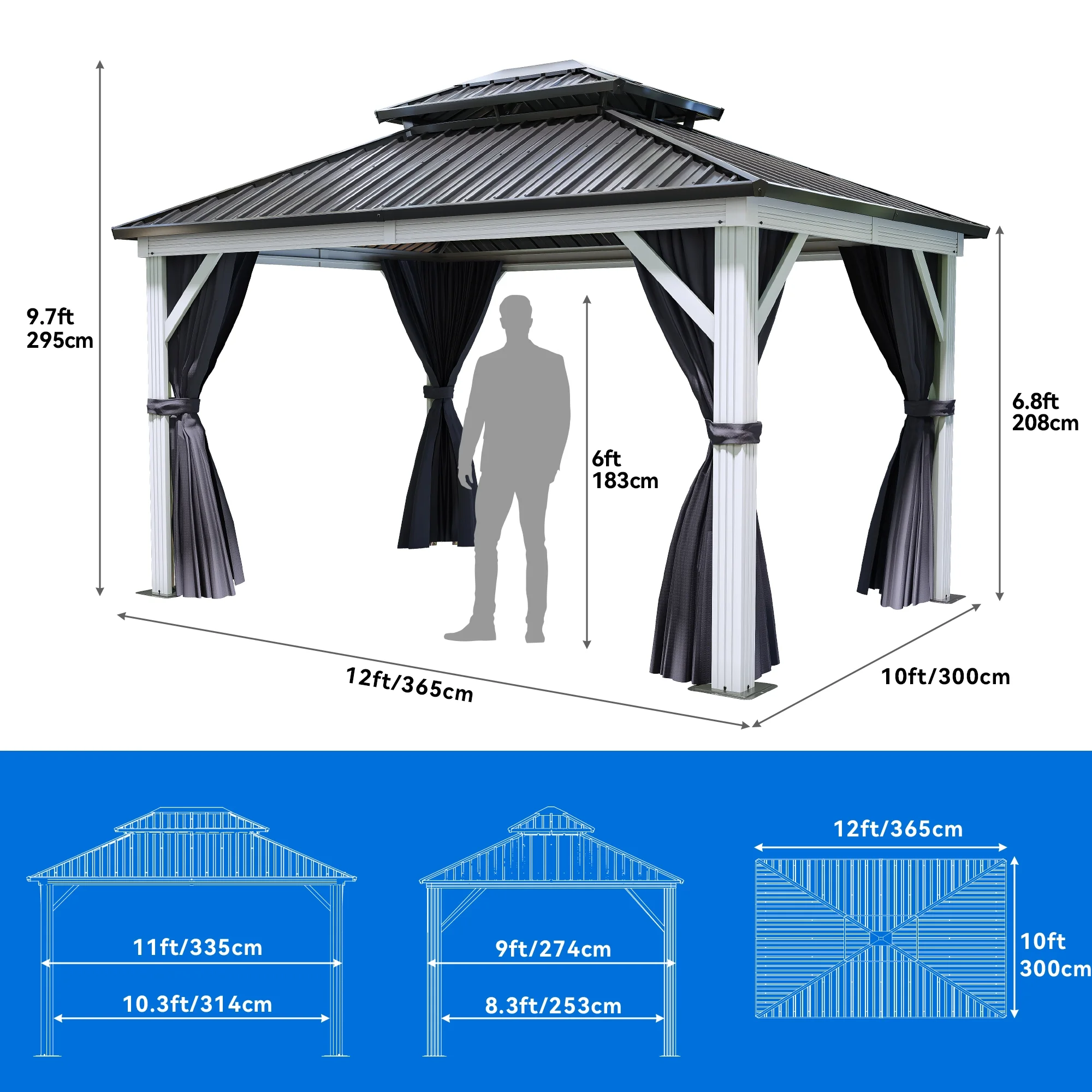 Dextrus 10x12ft Double Roof Hardtop Gazebo with Netting&Curtains, Double Galvanized Iron Aluminum Frame Outdoor White Gazebo,Ideal for Patio, Backyard,Deck and Lawns,Grey Curtain