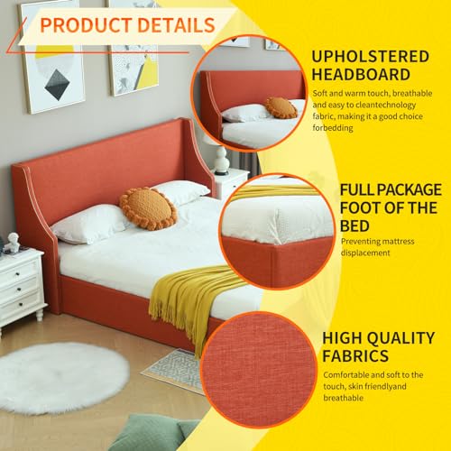 Queen Size Hydraulic Lift Bed, Upholstered Platform Storage Bed, Dual Wing Back Headboard with Gold Line Accents, Hydraulic Support Bars, No Box Spring Required, Easy Assembly (OCHER, King)