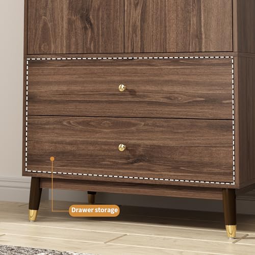 Homsee Wardrobe Armoire with 2 Doors, 2 Drawers, Hanging Rod & 2 Compartments, Wooden Closet Storage Cabinet with Gold Handles for Bedroom, Brown (31.5”L x 19.1”W x 71.1”H)