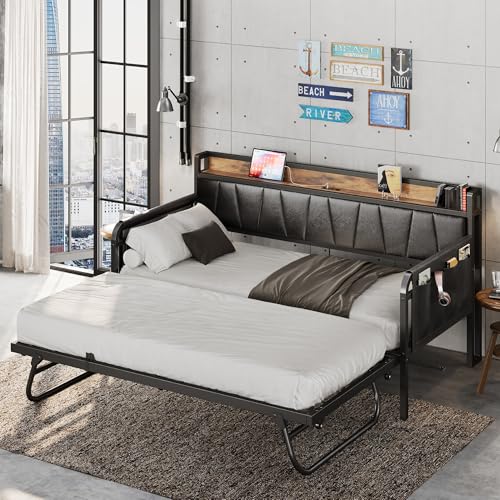 LIKIMIO Daybed with Trundle Bed, Twin Bed Frame with Storage Headboard and Charging Station, Sofa Day Bed with Strong Supports for Living Room, Bedroom, and Guest Room, Grey