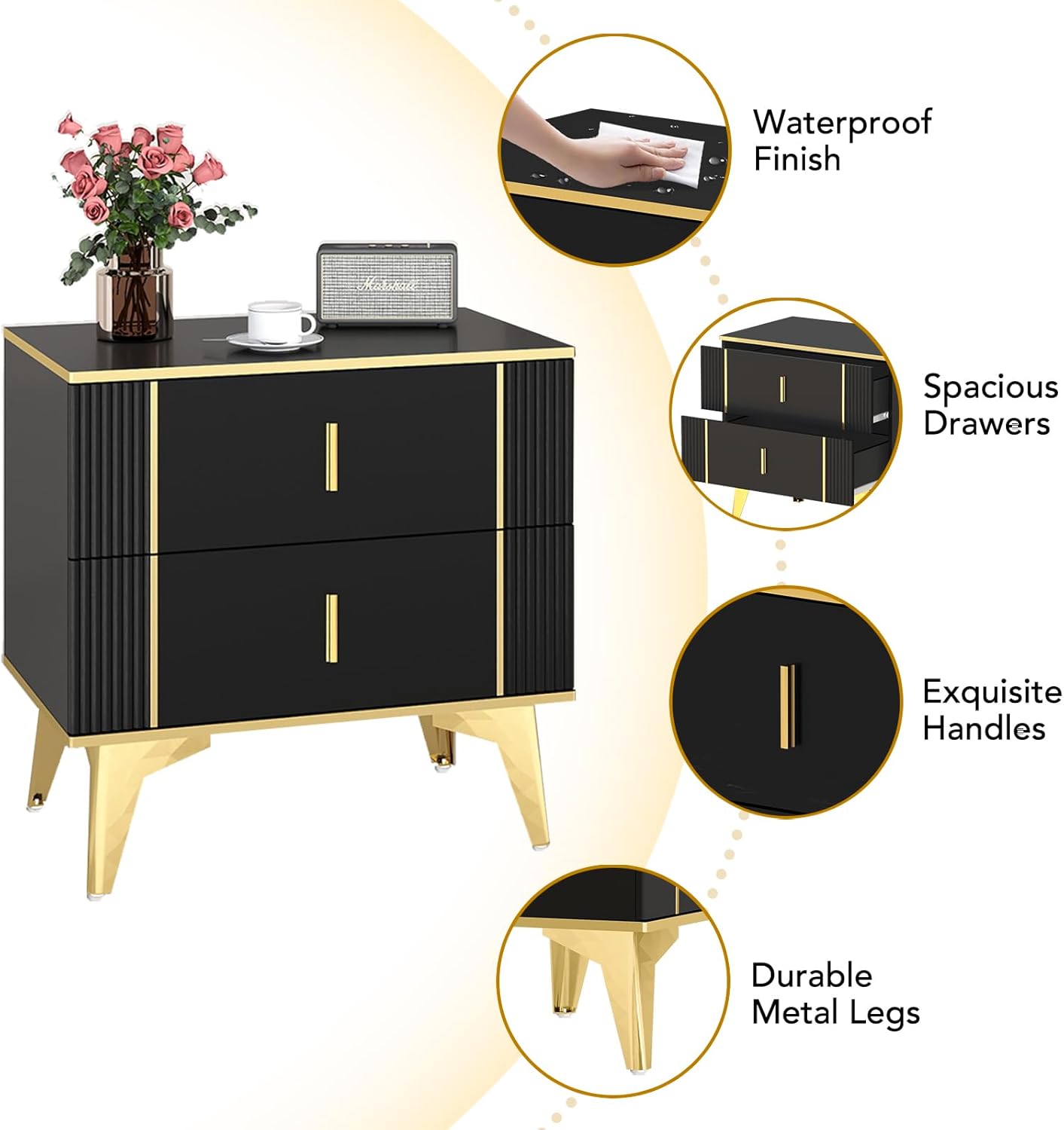 Wakefit Nightstands Set of 2, Light Luxury Bedside Table with 2 Wood Drawers, End Tables with Metal Handles and Metal Legs for Bedroom, Stripe Double (Black)
