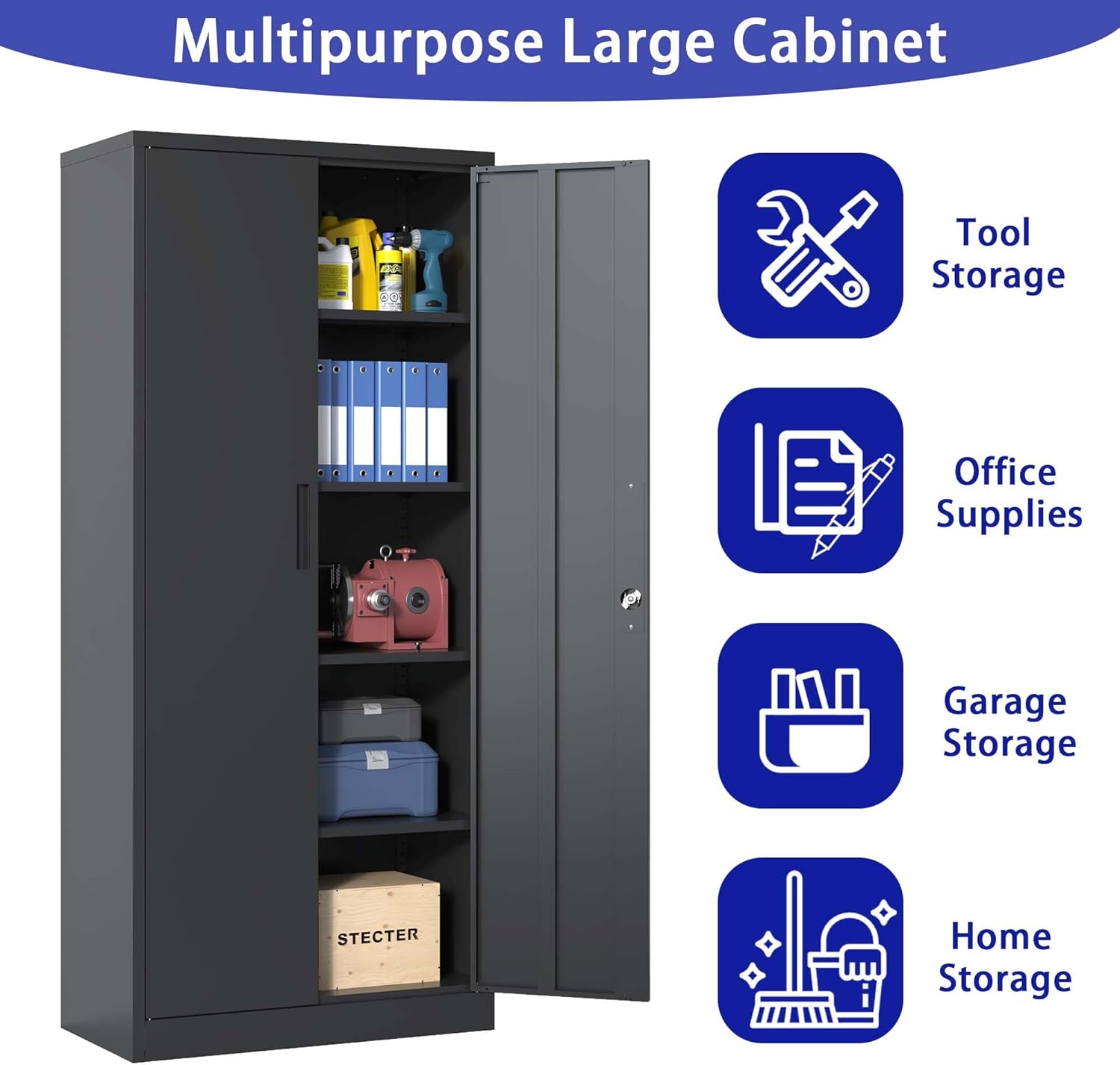71" H Metal Garage Storage Cabinet Tool Steel Locking Cabinet with Doors and 4 Shelves Tall Cabinets for Garage Storage Systems Lockable File Cabinet for Home Office,Black