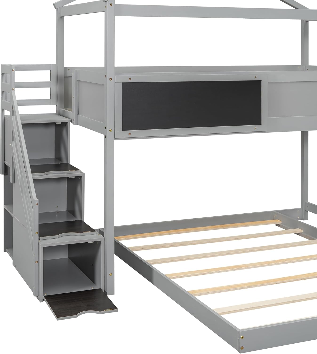 L-Shaped Twin Over Full House Bunk Bed with Storage Stairs and Blackboard, Wood Playhouse Bunk Beds with Roof and Guardrails for Kids Boys Girls Teens, Gray
