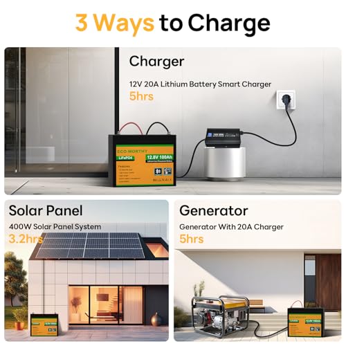 ECO-WORTHY 12V 100AH LiFePO4 Lithium Battery with Bluetooth, Max.1280Wh Energy, Low Temperature Protection, Group 24, Built-in 100A BMS, Perfect for Trolling Motor, RV, Boat, Solar Off-Grid