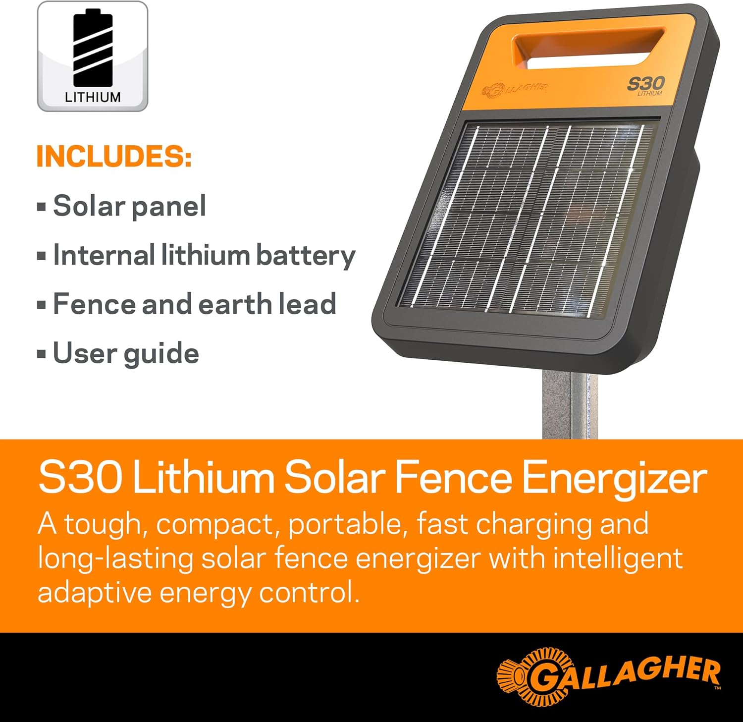 Gallagher S30 Solar Electric Fence Charger | Powers Up to 20 Miles / 60 Acres of Fence | Solar Lithium Technology | 0.3 Stored Joule Energizer | Built-in Earthing | Portable and Super Tough