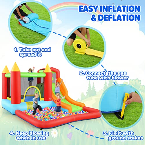 Bounce House with Ball Pit, Inflatable Bouncy House for Kids All in One Jumping Castle, Wide Slide, Ball Pool, Basketball Hoop, Dart Target, Blower Included for Indoor Outdoor Backyard Party