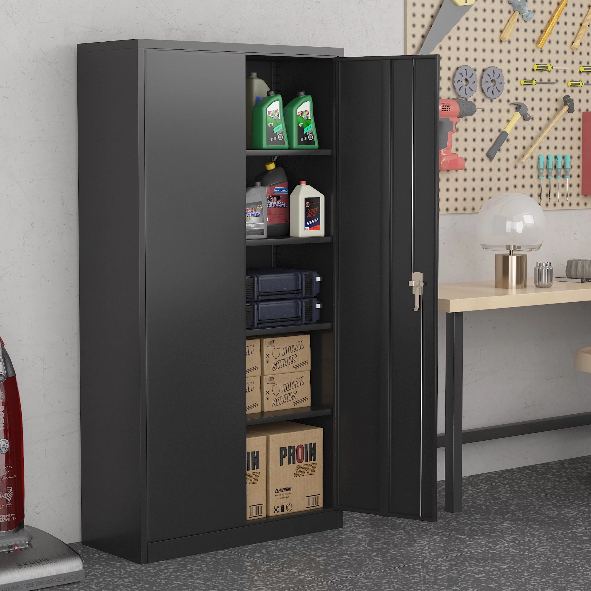 GangMei Industrial Metal Garage Storage Cabinet, Large Space Steel Utility Cabinets with 4 Adjustable Shelves & Locking Doors, Assembly Required（Black, 71 inches Tall ）