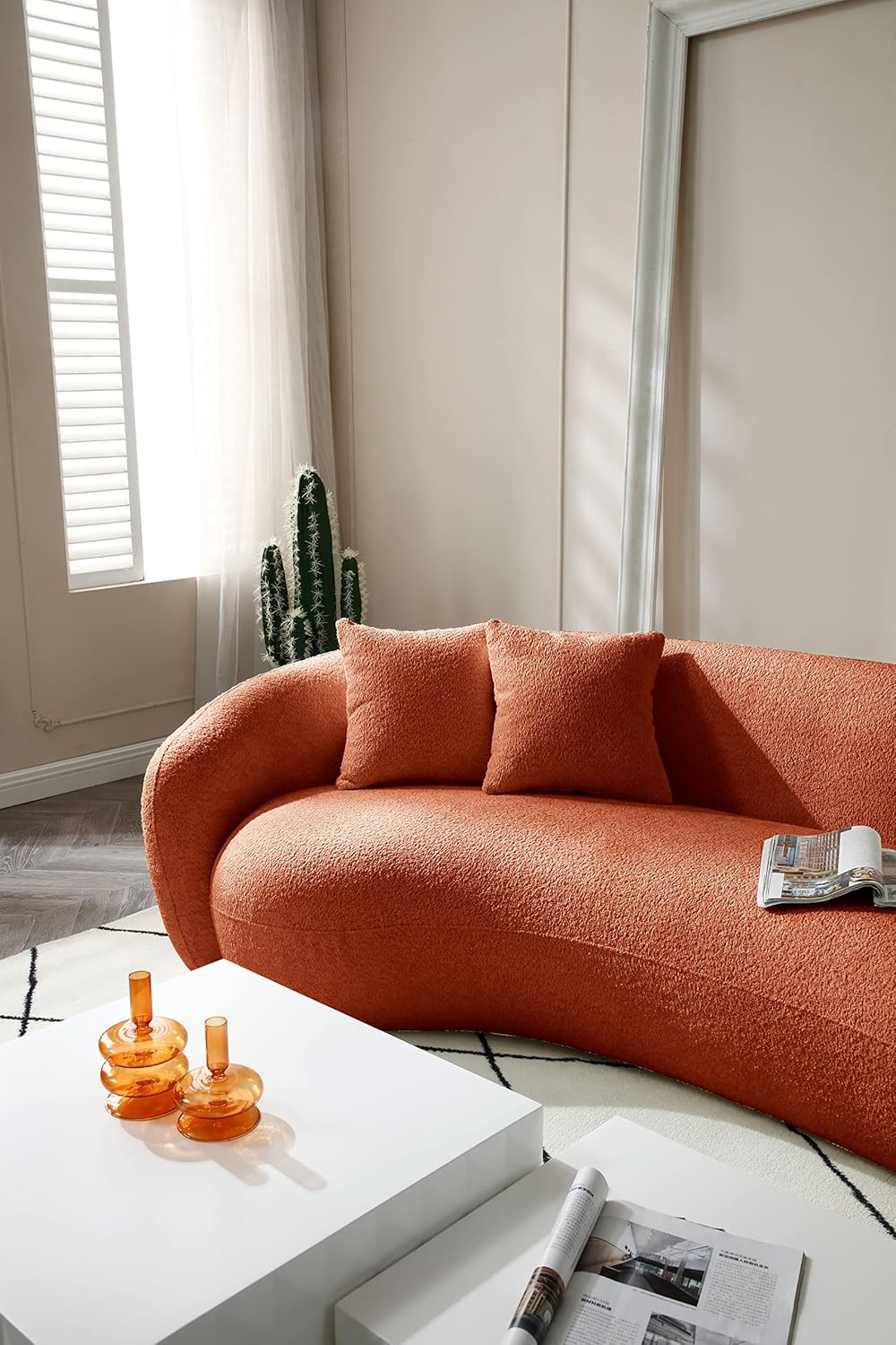 102'' 5 Seater Boucle Sofa Modern Sectional Half Moon Leisure Couch Curved Sofa Teddy Fleece Orange