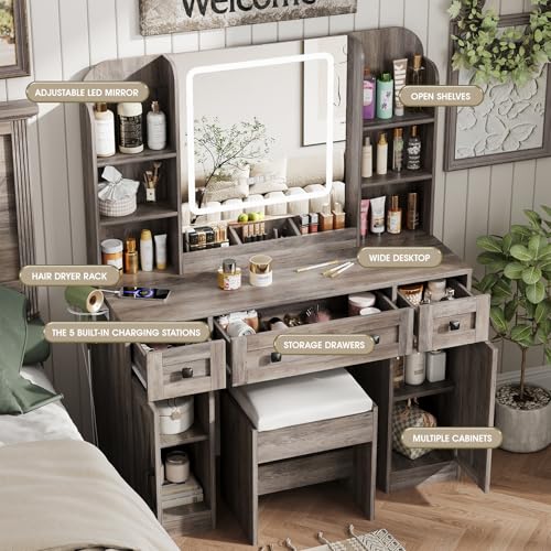 Vabches Makeup Vanity Desk, Vanity Mirror with Lights Desk and Chair,Makeup Table with 3 Large Drawers and 2 Cabinets, Time and Temperature Display, 3 LED Lighting Modes Adjustable, White