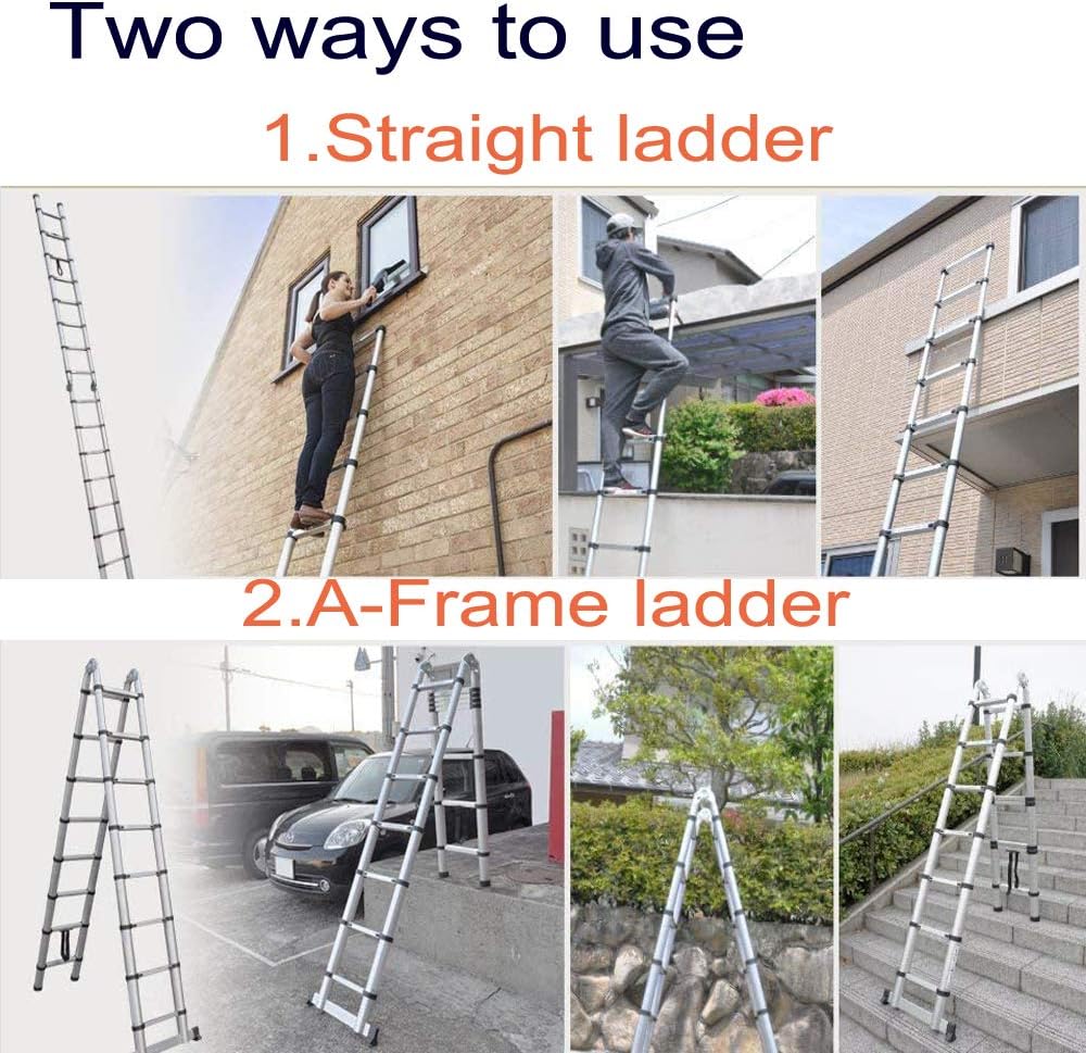 16.5FT/5M(2.5+2.5m) Household Ladder Telescopic Aluminum Extension 16 StepsLadder with Slip-Proof Feet 330lbs Max Capacity, EN131 Standard