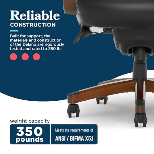 La-Z-Boy Delano Big & Tall Executive Office Chair, Ergonomic Mid-Back Body Pillow Lumbar Support, ComfortCore Memory Foam Cushion, Mahogany Wood Arms & Swivel Base, Bonded Leather, Chestnut Brown