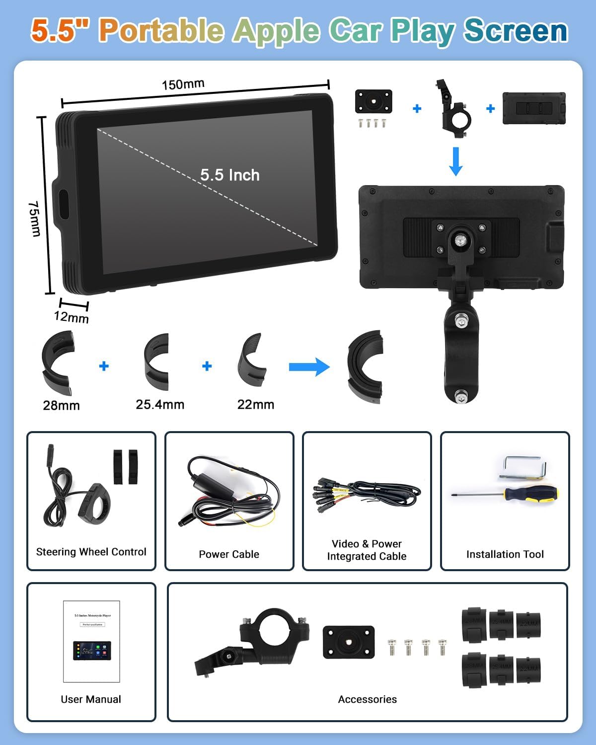5.5'' Portable Apple Car Play Screen for Motorcycle, Wireless Apple CarPlay & Android Auto for Motorbike, Motorcycle Carplay GPS Navigation, Dual Bluetooth, WiFi Online Video